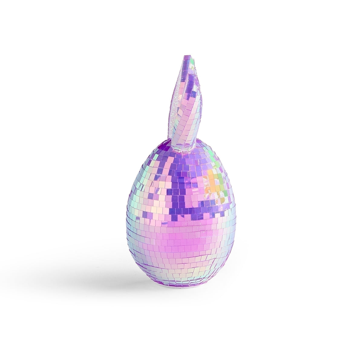 Side view of iridescent Easter egg mirror ball figure with bunny ears