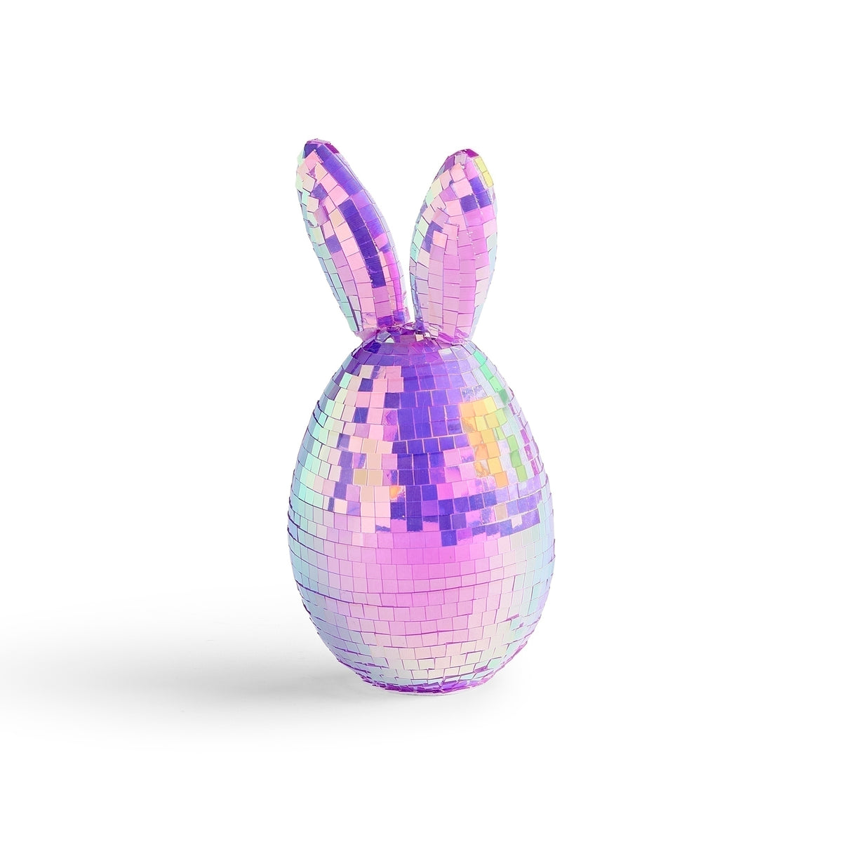 Angled view of purple iridescent mirror ball Easter bunny egg decoration