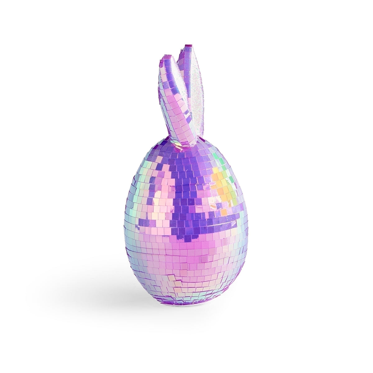 Opposite side view of purple mirror ball Easter egg figure with bunny ears