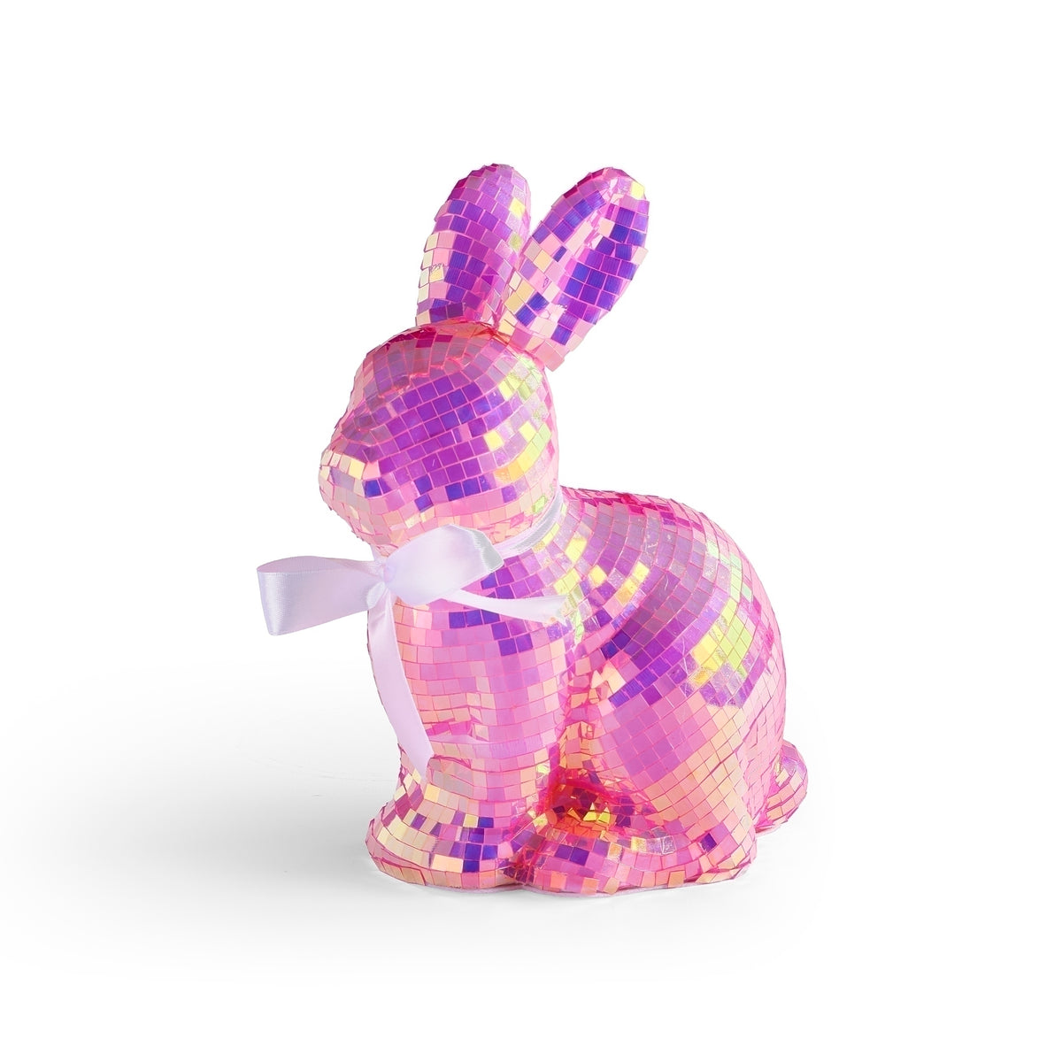 Front side view of pink iridescent mirror ball bunny Easter decoration
