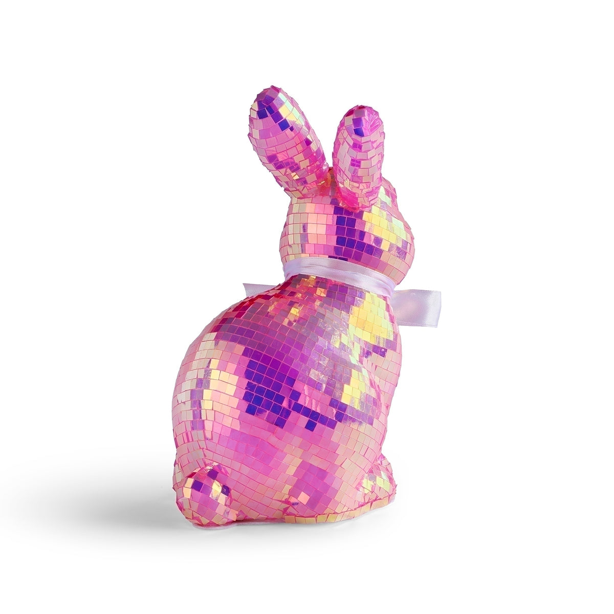 Side view of iridescent pink mirror ball bunny Easter decor