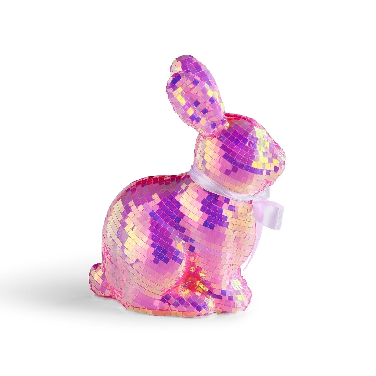 Opposite side view of sitting iridescent mirror ball bunny figure