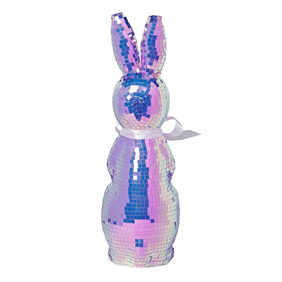 Side view of standing mirror ball bunny figure with iridescent finish