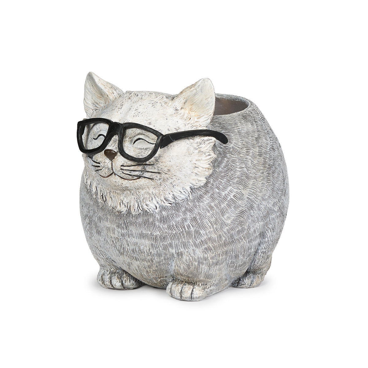 Front angled view of Pudgy Pals Cat with Glasses Planter showing the black glasses, textured fur, and planter opening