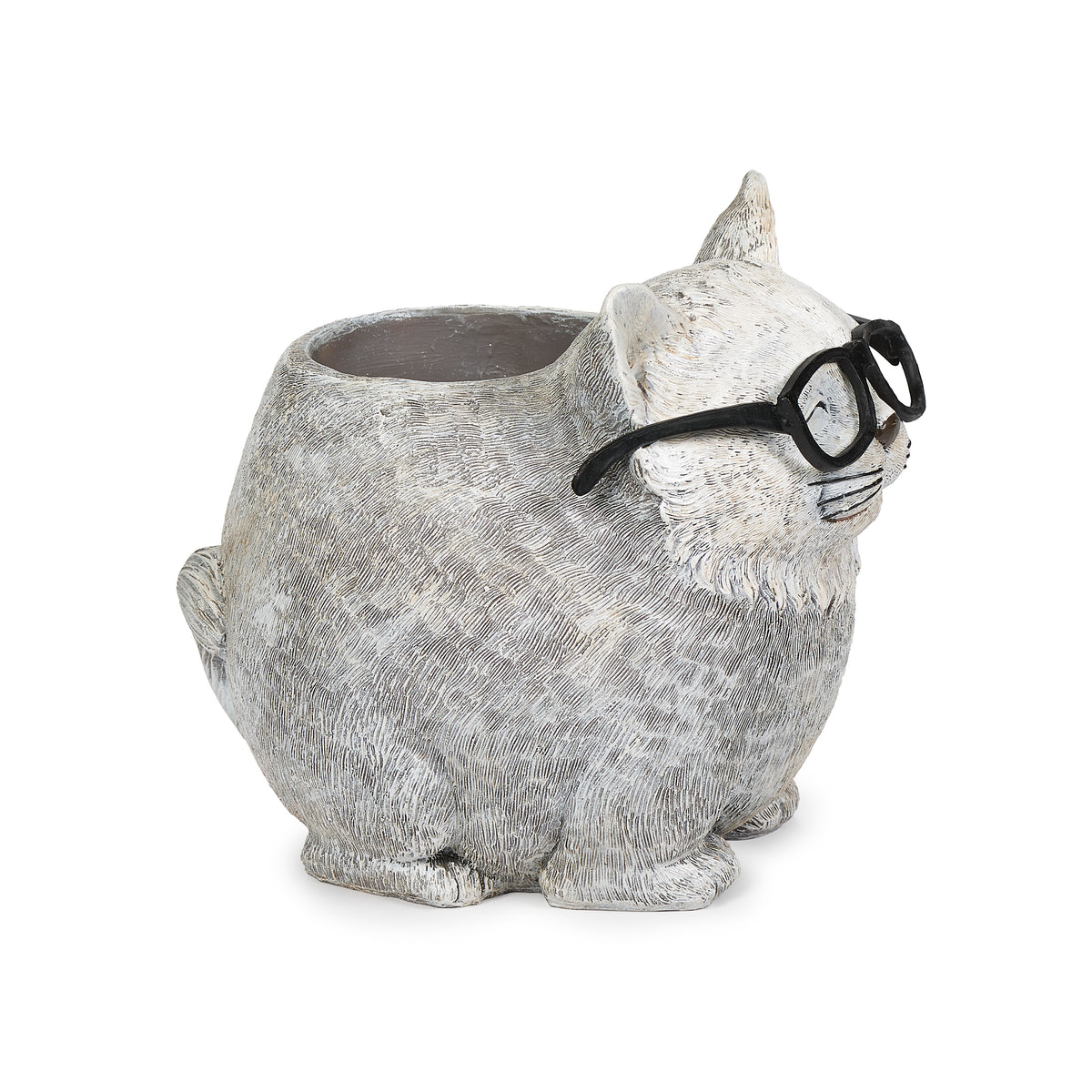 Side view of Pudgy Pals Cat with Glasses Planter showing the cat profile, sculpted fur, and open planter cavity