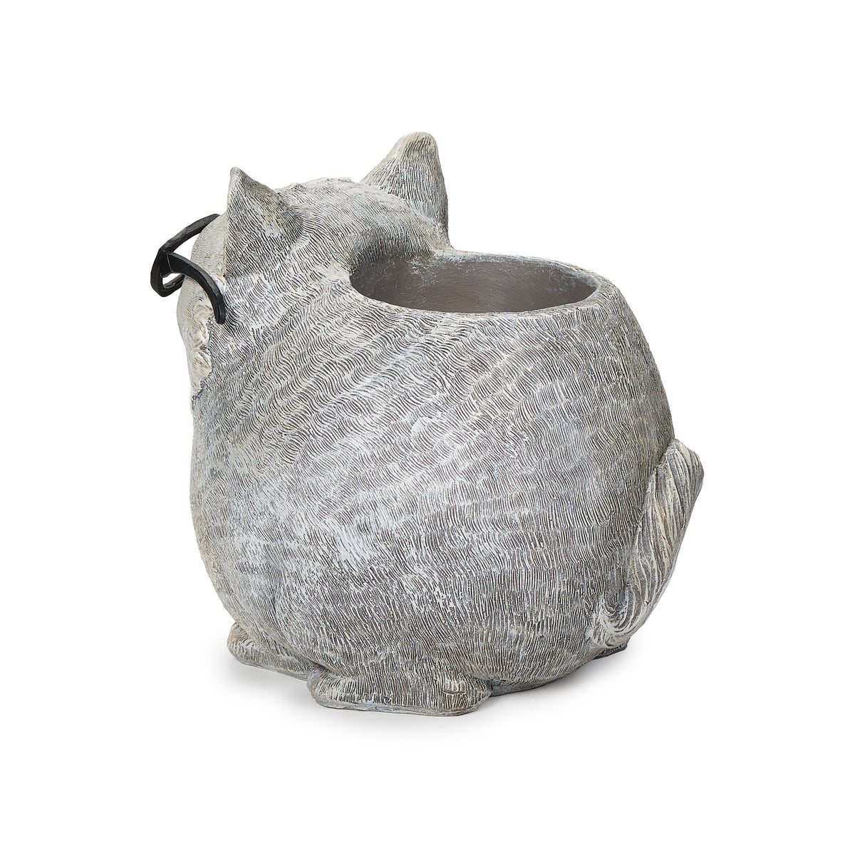 Back angled view of Pudgy Pals Cat with Glasses Planter showing the rounded body, tail detail, and planter opening