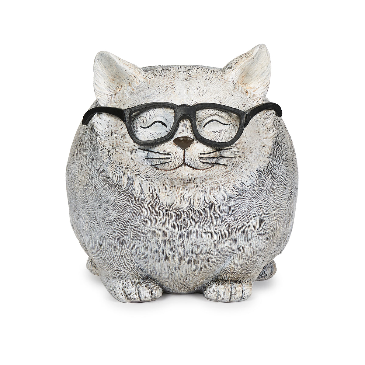 Front view of Pudgy Pals Cat with Glasses Planter showing the oversized black glasses, pointed ears, and rounded gray body