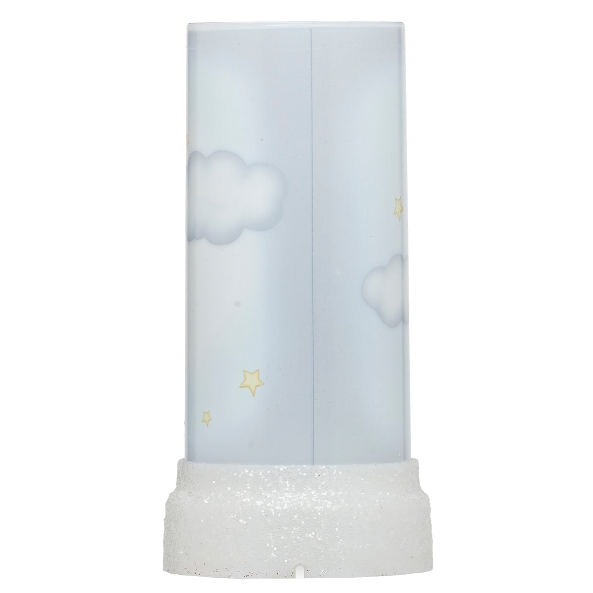 Side view of Lighted Sweet Dreams Candle Projector showing the pale blue celestial design and cylindrical shape