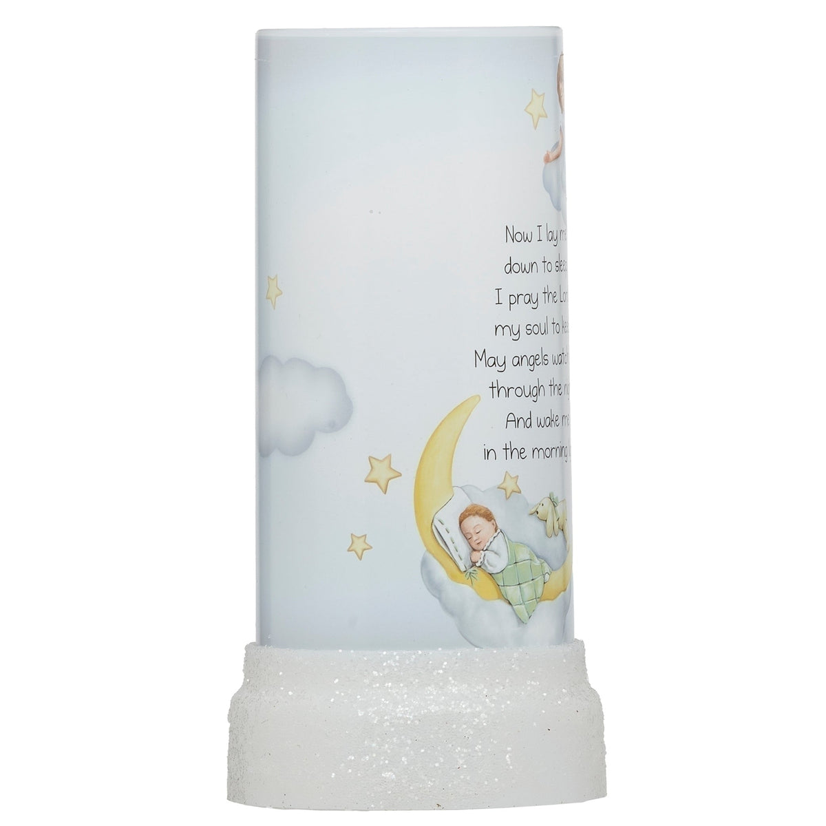 Opposite side view of Lighted Sweet Dreams Candle Projector showing the moon and star artwork with softly colored accents