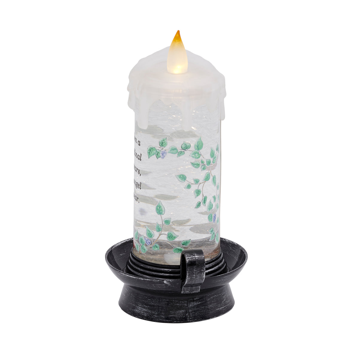 Opposite side view of Lighted Swirl Cardinal Memorial Candle showing the LED flame, cardinal artwork, and glitter-filled interior