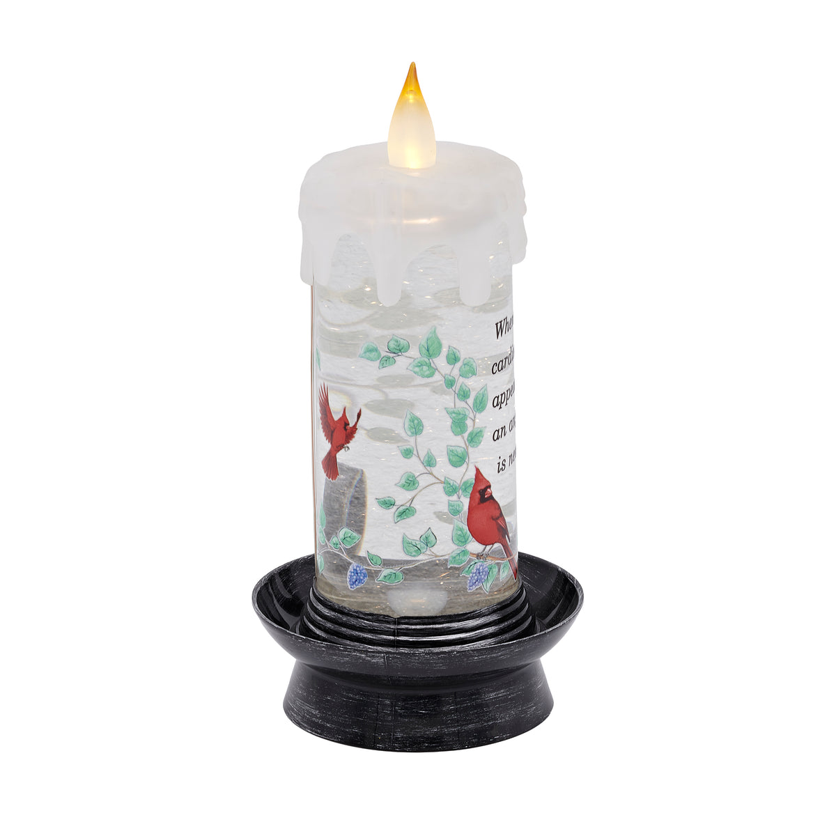 Side view of Lighted Swirl Cardinal Memorial Candle showing the illuminated candle and swirling glitter interior