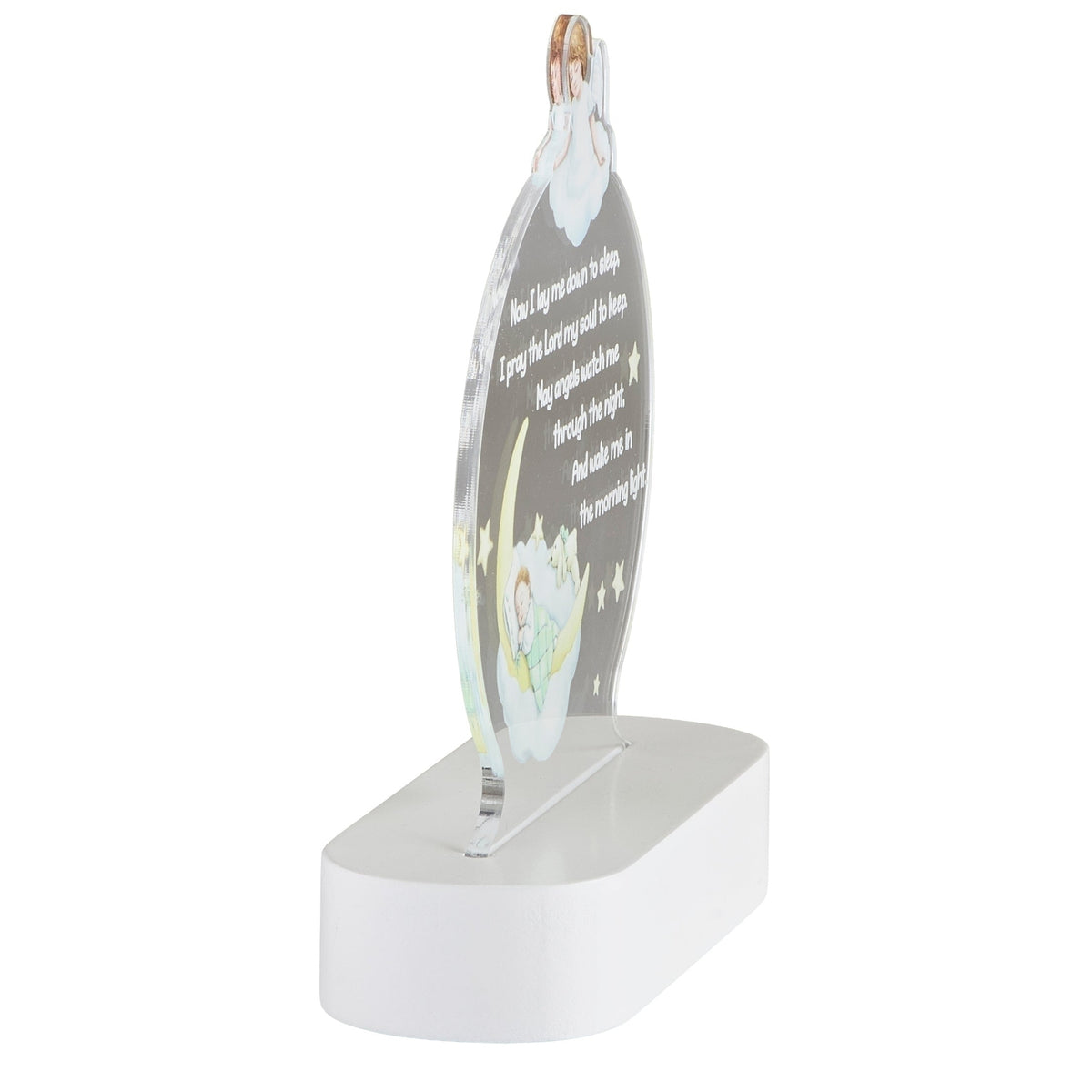 Side view of Now I Lay Me Down to Sleep Lighted Prayer Plaque showing the slim acrylic panel, guardian angel detail, and white tabletop base