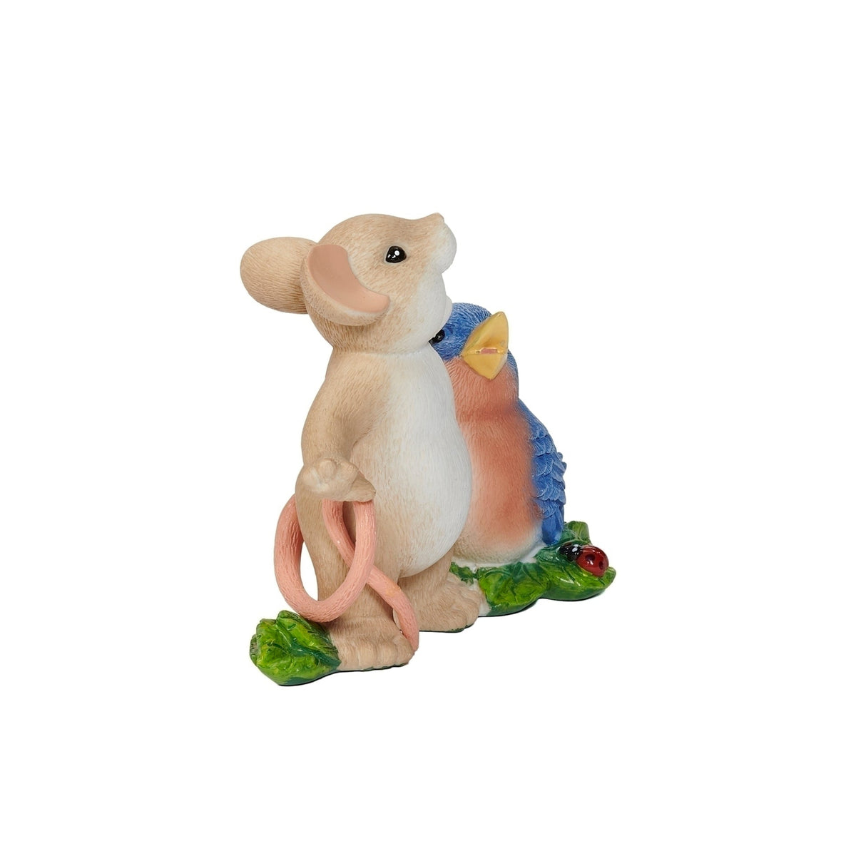 Rear angled view of Charming Tails Bluebird of Happiness figure showing the mouse and bluebird from behind