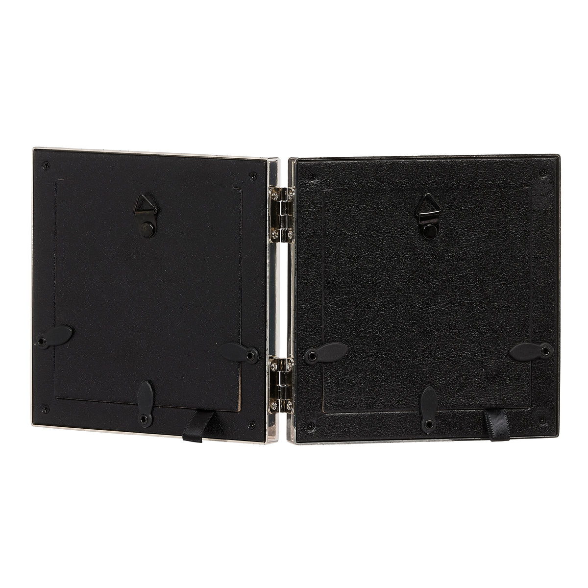 Back view of Caroline Collection Confirmation Hinged Memory Picture Frame shown fully open with black backing panels and center hinges