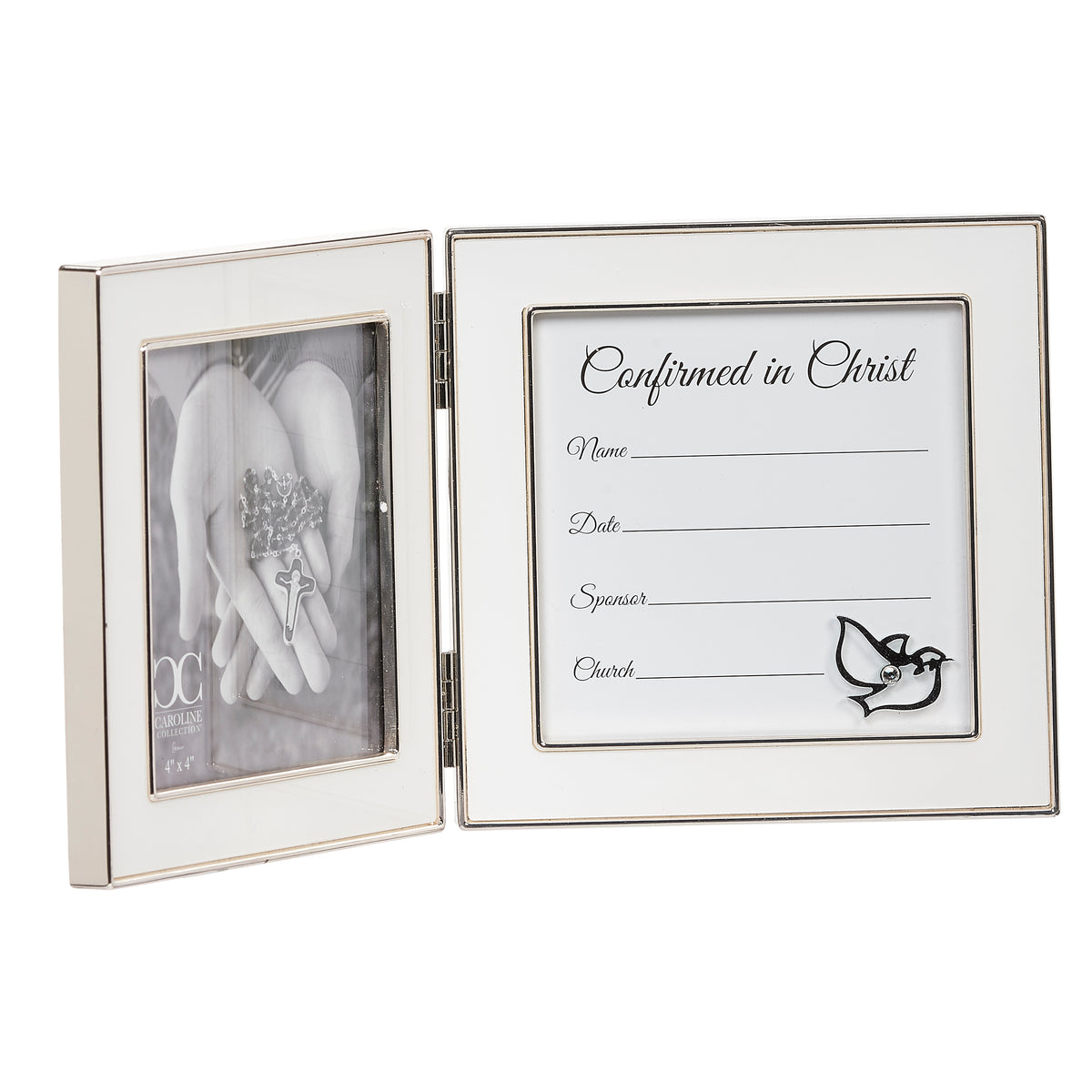 Alternate front view of Caroline Collection Confirmation Hinged Memory Picture Frame showing the photo opening and “Confirmed in Christ” certificate panel