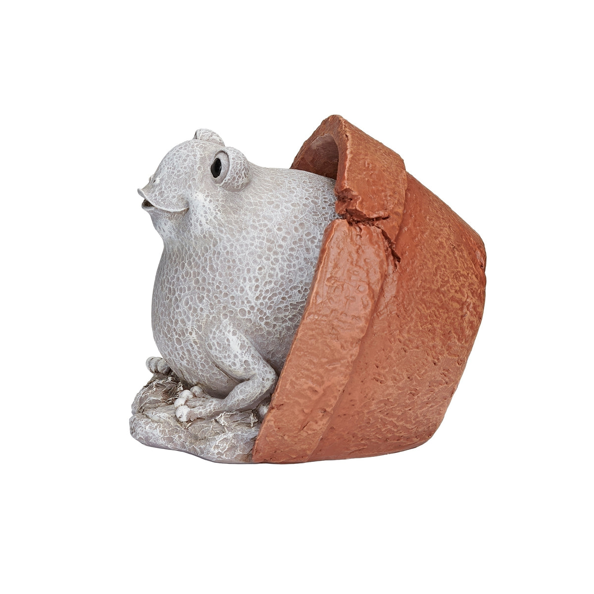 Side view of Pudgy Pals Frog in Pot Garden Statue showing the frog sitting inside the tipped terracotta-style pot