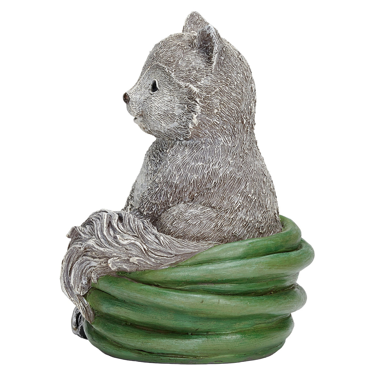 Front angled view of Pudgy Pals Fox on Hose Garden Statue showing the seated fox, textured fur, and coiled green hose