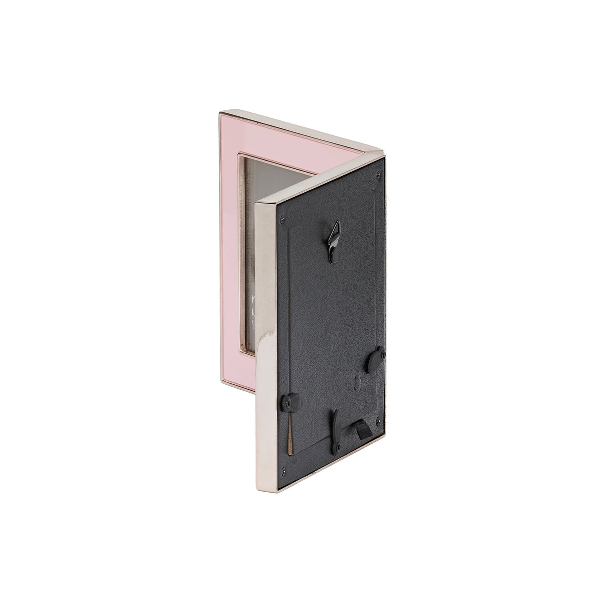 Side view of pink Caroline Collection Birth Record Keepsake Hinged Picture Frame showing the slim hinged panels and pink border
