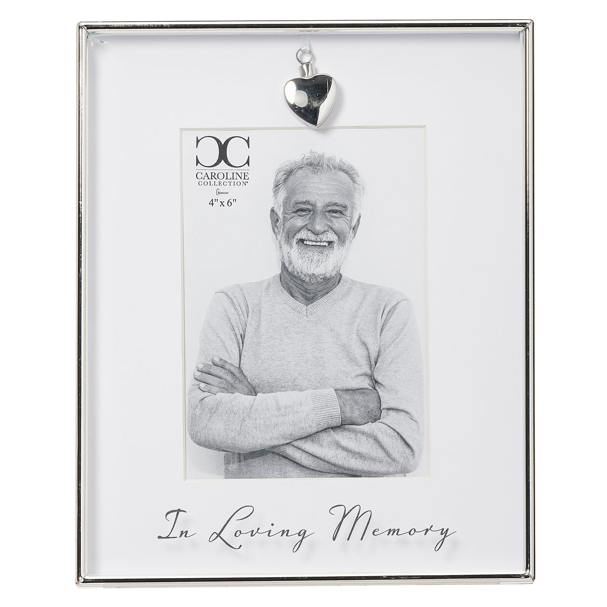 Front view of Caroline Collection Memorial Heart Urn Picture Frame showing the heart urn accent, memorial inscription, and photo opening