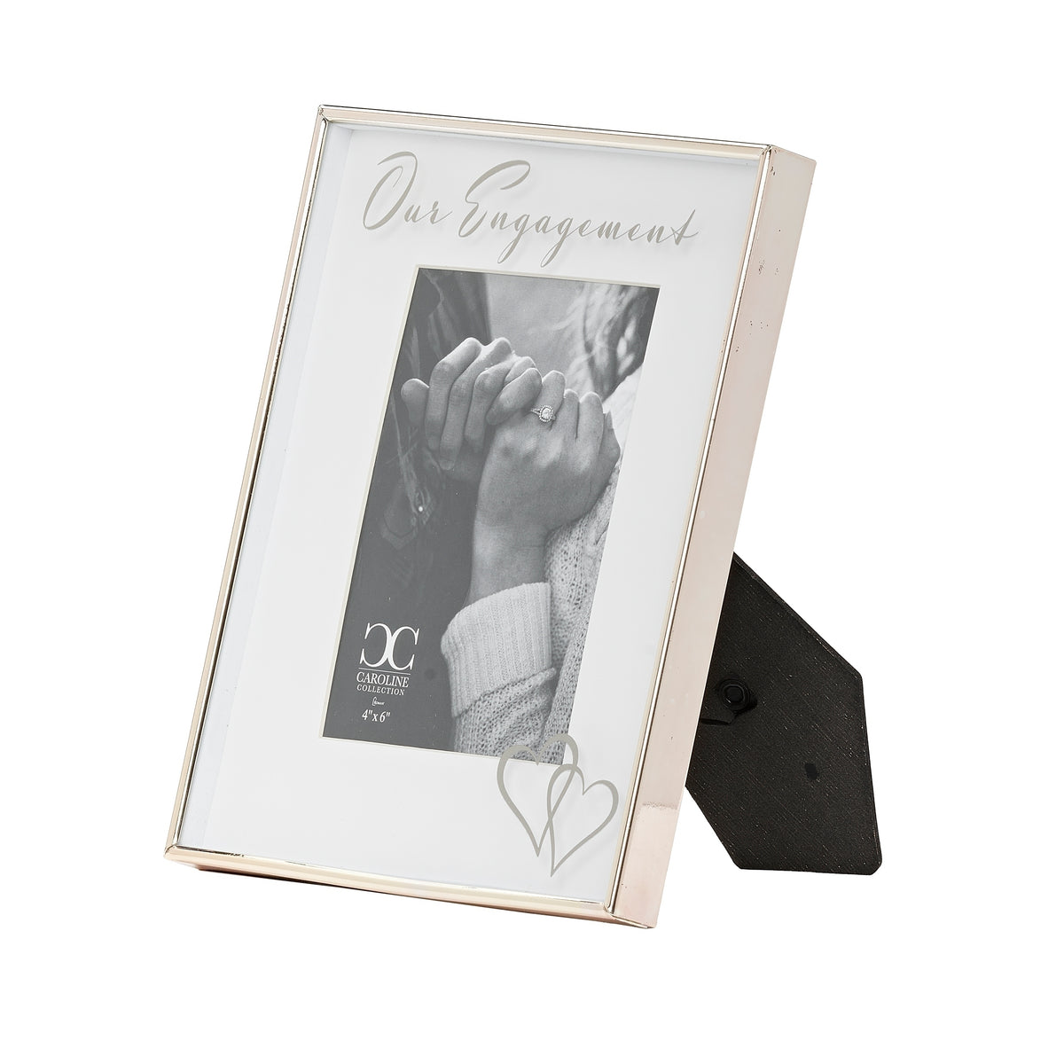 Angled view of Our Engagement picture frame showing its slim border and black easel stand.
