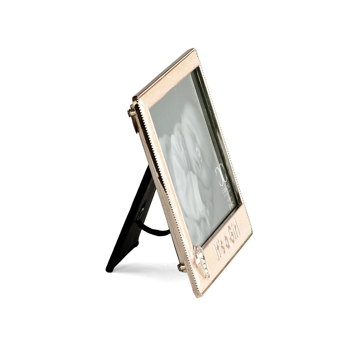 Front angled view of Caroline Collection "It's a Girl" Keepsake Picture Frame showing the pearlescent pink border, silver-tone details, photo opening, and easel stand