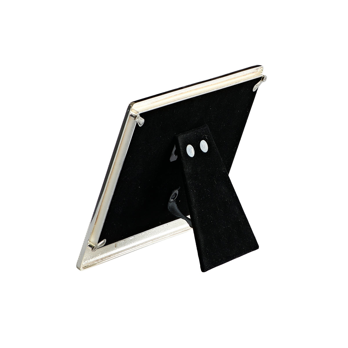 Rear angled view of Caroline Collection "It's a Boy" Keepsake Picture Frame showing the blue frame edge, black backing, and fold-out tabletop easel stand