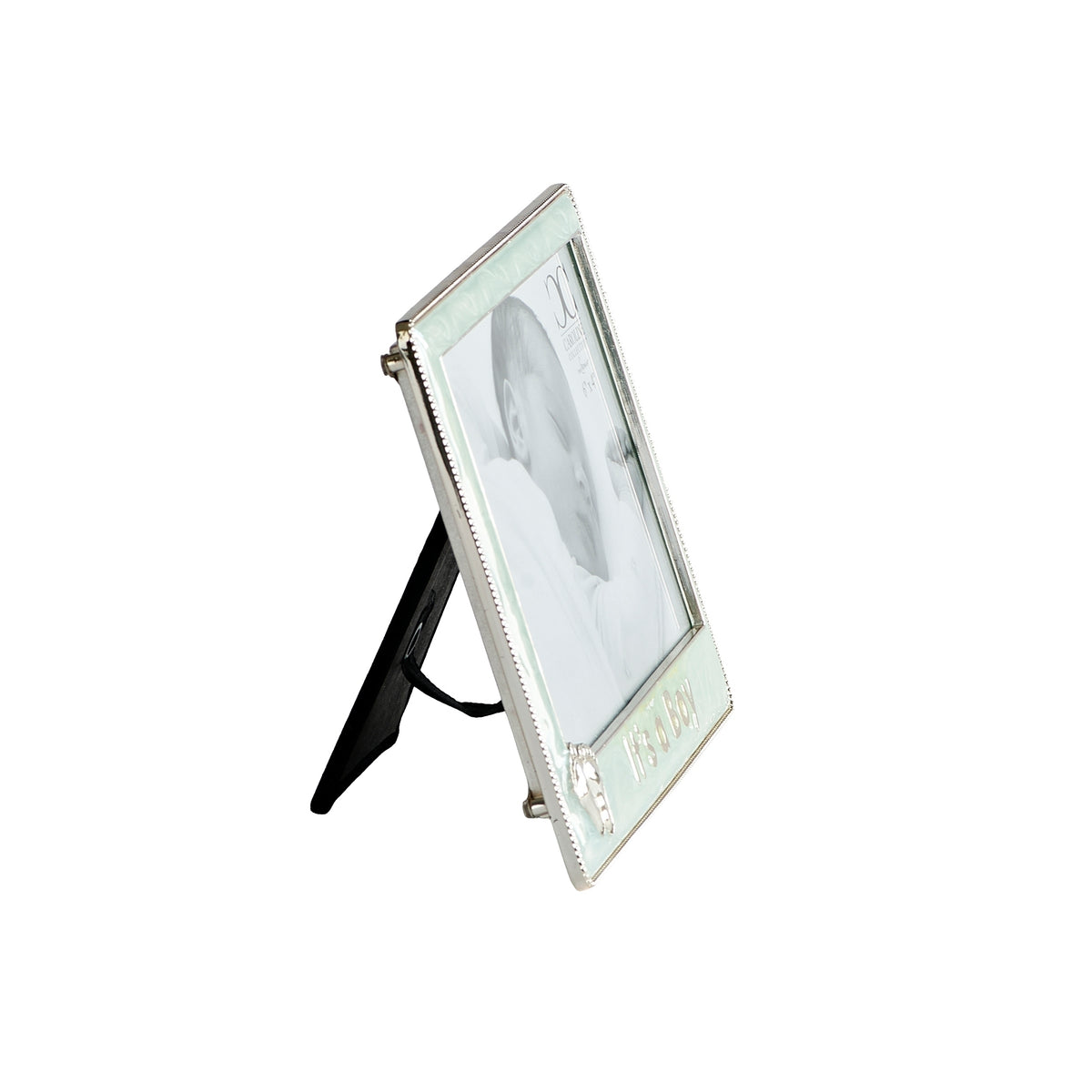 Front angled view of Caroline Collection "It's a Boy" Keepsake Picture Frame showing the pearlescent blue border, silver-tone details, photo opening, and easel stand