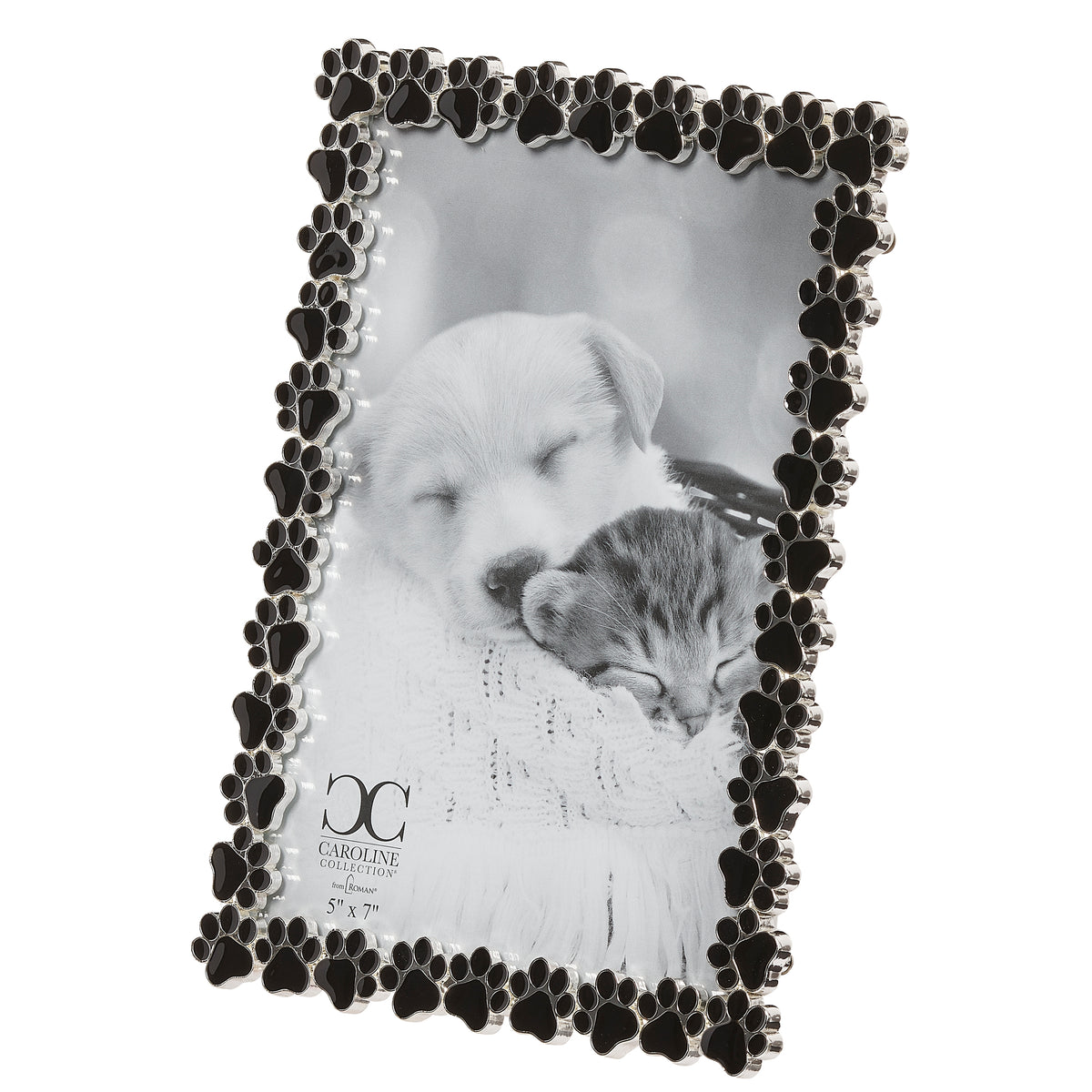 Front angled view of Caroline Collection Black Paw Print Picture Frame showing the raised paw print border and pet photo opening