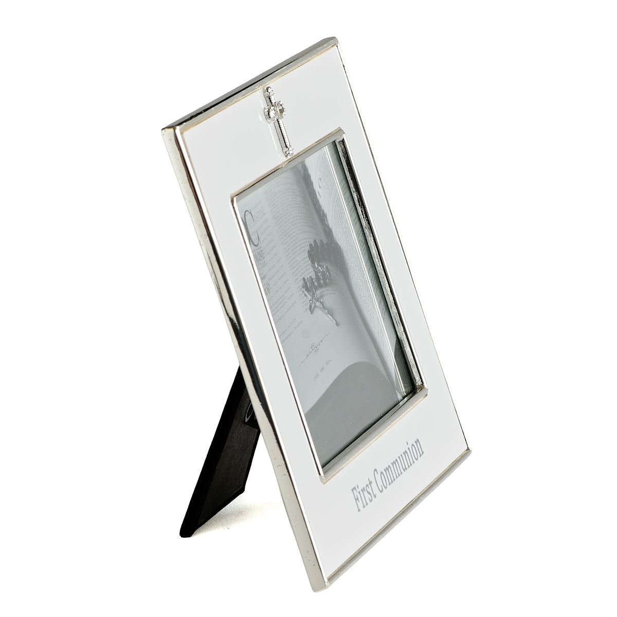 Front angled view of Caroline Collection First Communion Crystal Cross Picture Frame showing the silver-tone border, crystal cross accent, photo opening, and easel stand