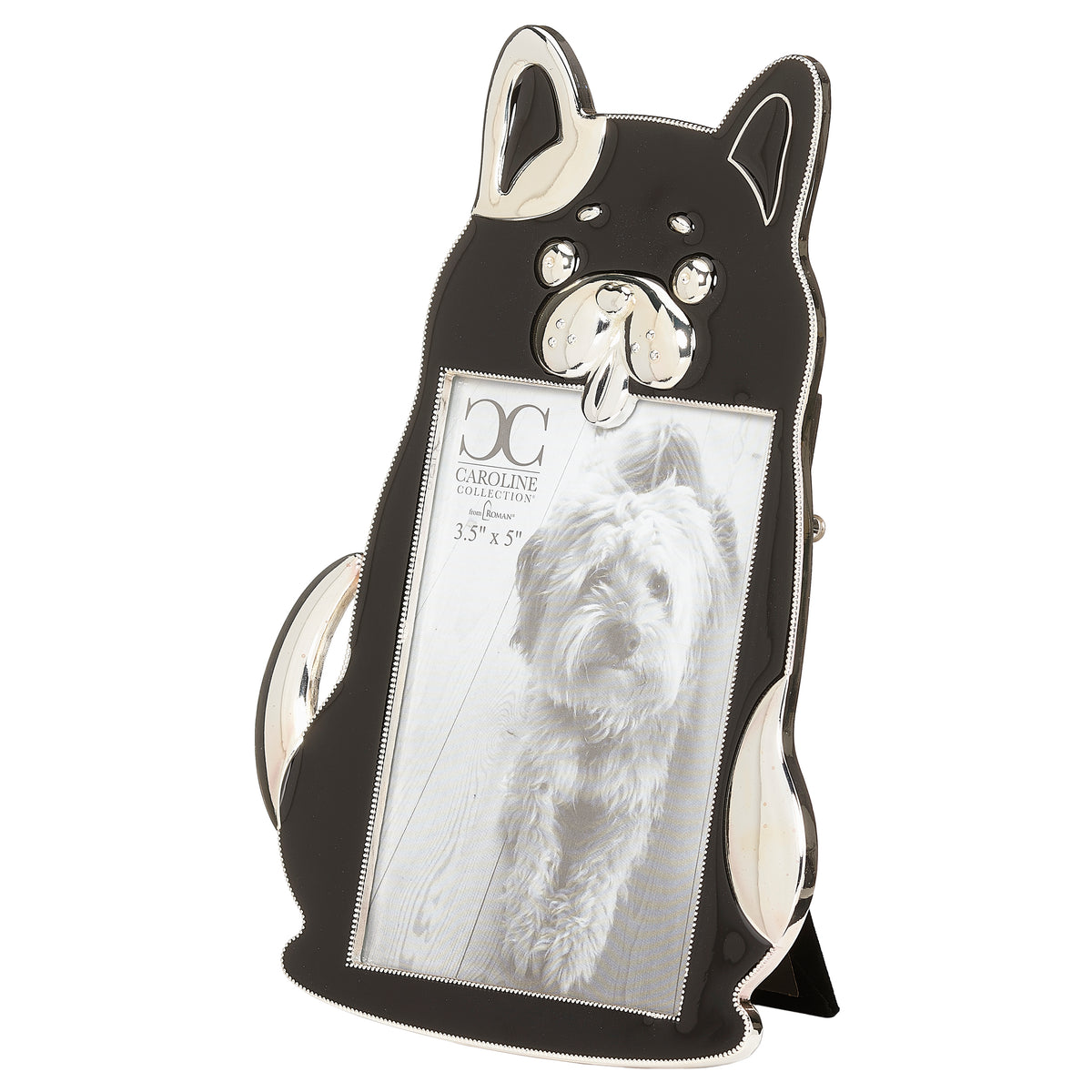 Opposite angled view of Caroline Collection Dog Shaped Picture Frame showing the sculpted dog shape and photo opening