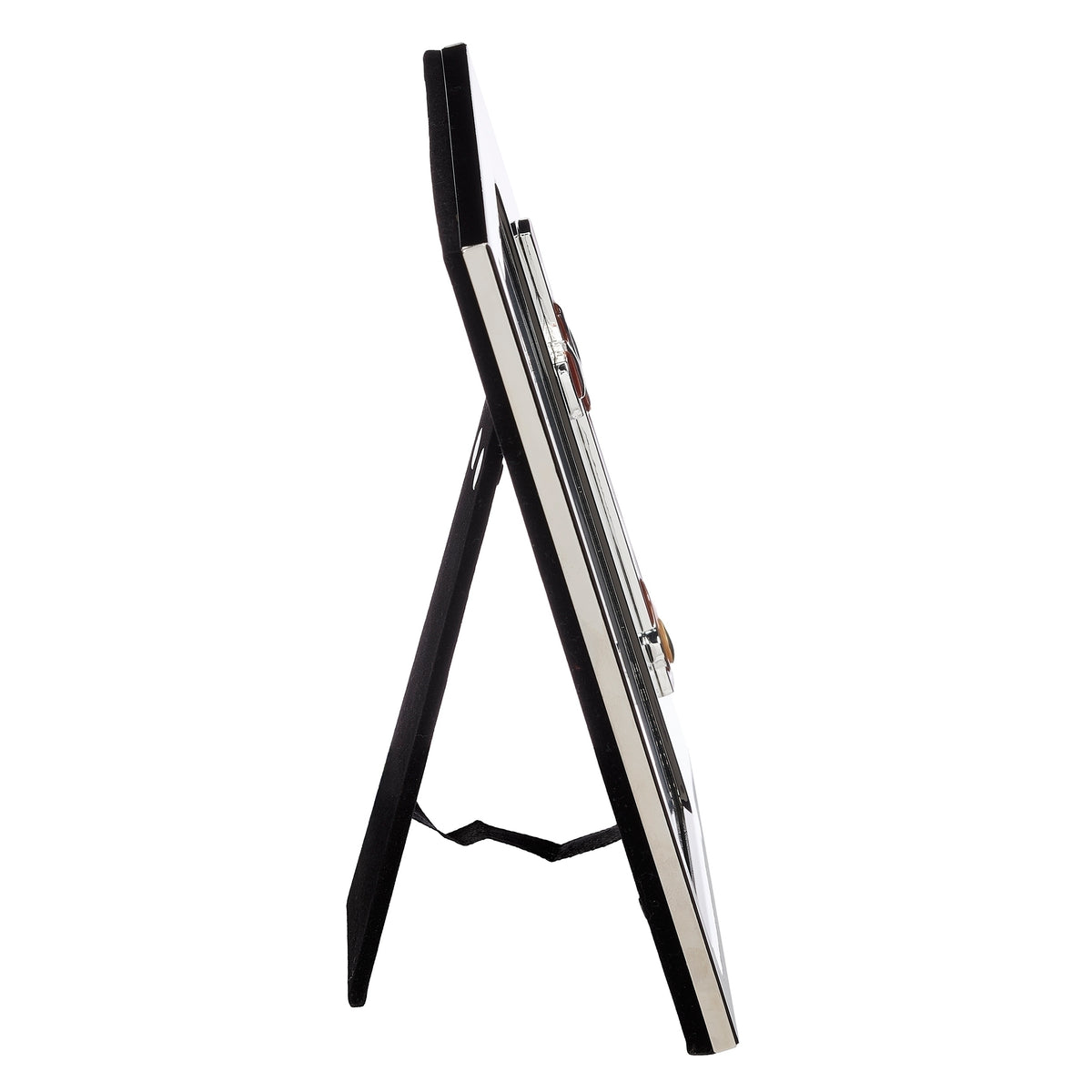 Side view of Caroline Collection Confirmation Red Cross Picture Frame showing the slim metal frame and open tabletop easel stand