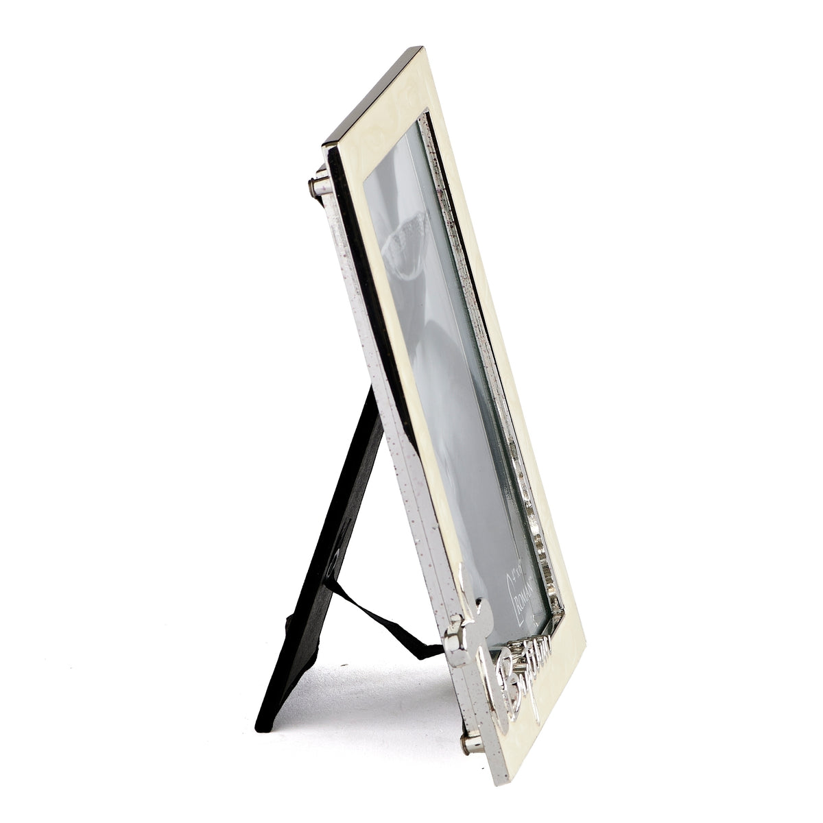 Opposite side view of Caroline Collection Baptism Vertical Ivory Picture Frame showing the ivory frame edge and black tabletop stand