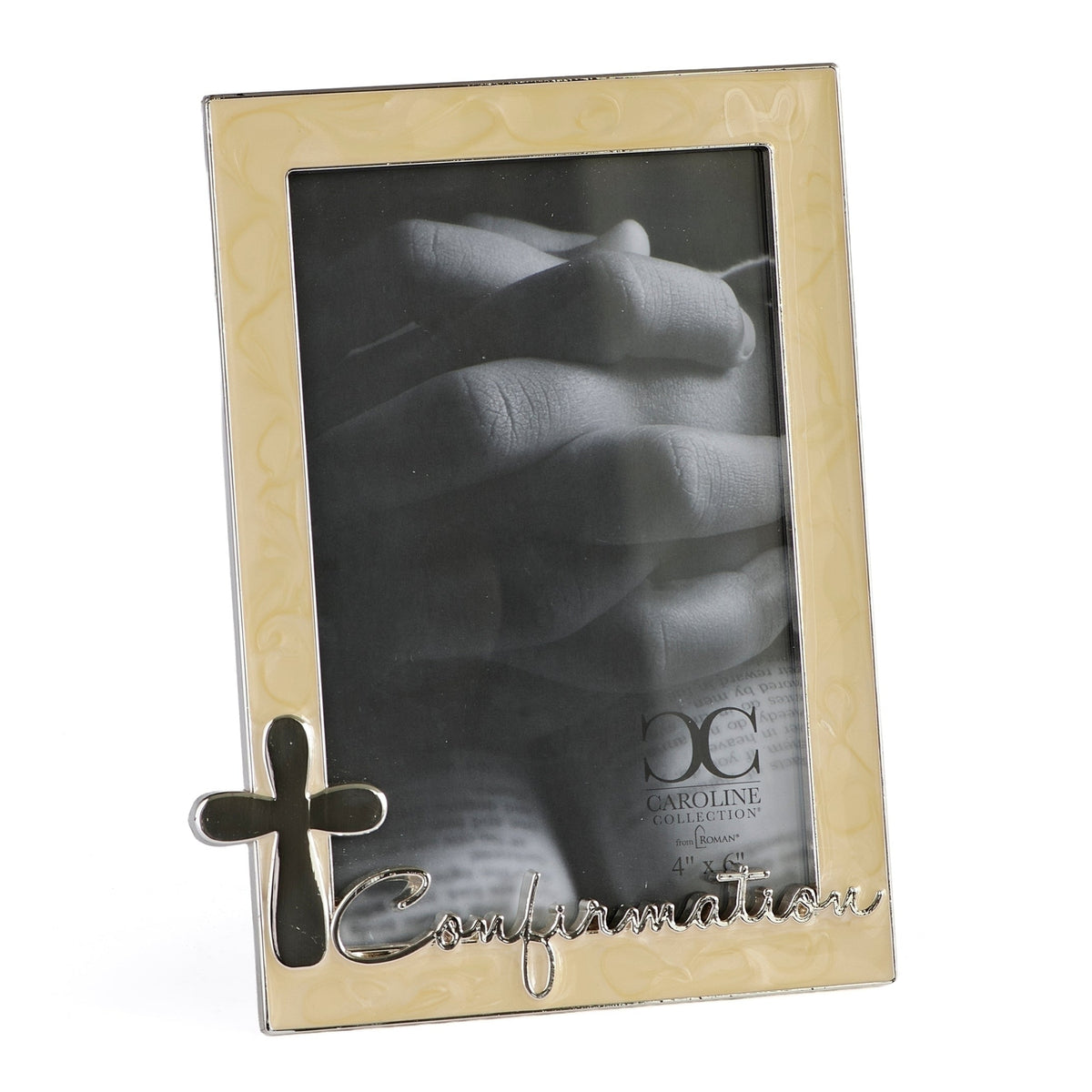 Front view of Caroline Collection Confirmation picture frame showing the silver-tone border, cross accent, script "Confirmation" detail, and photo opening
