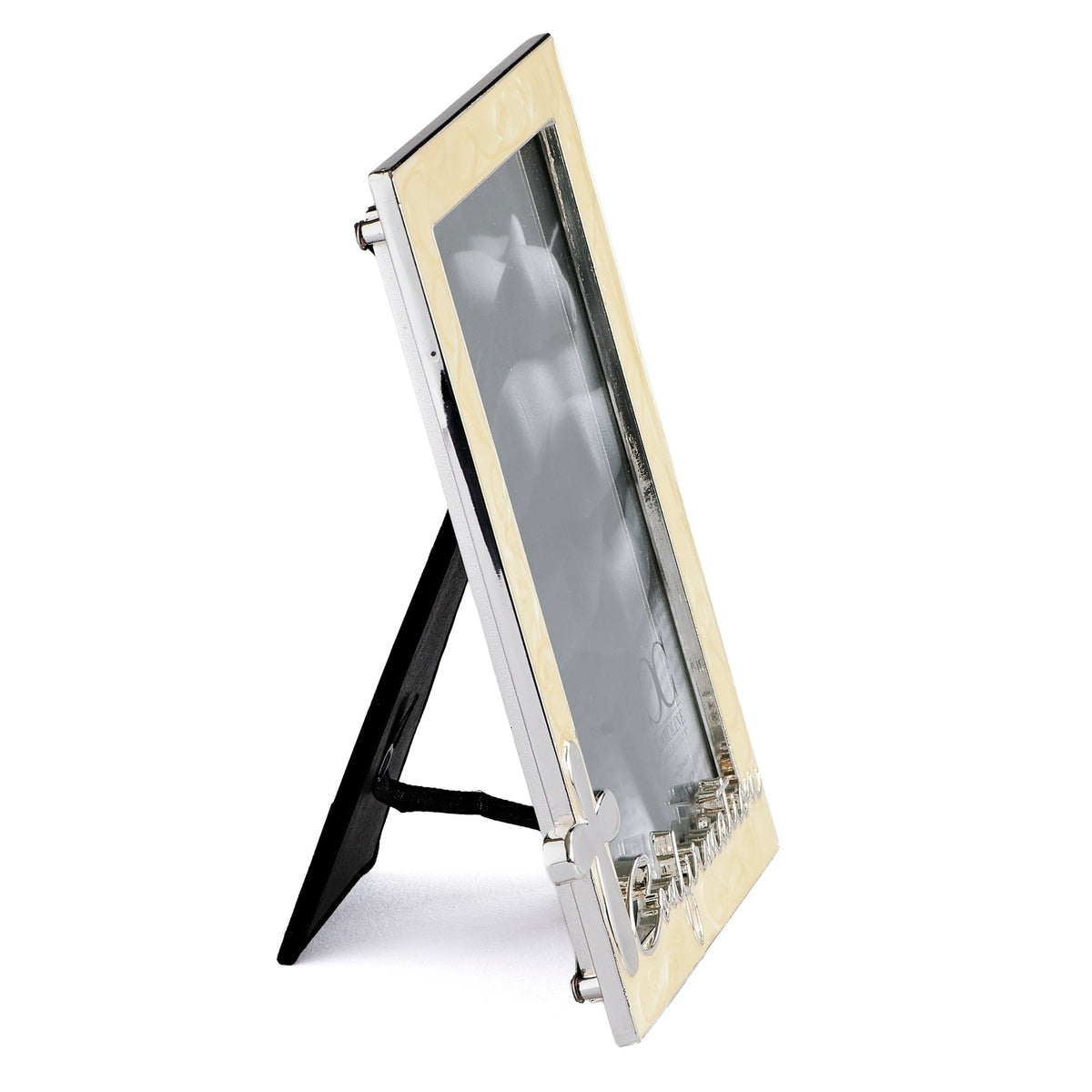Opposite side view of Caroline Collection Confirmation picture frame showing the frame depth and open tabletop stand