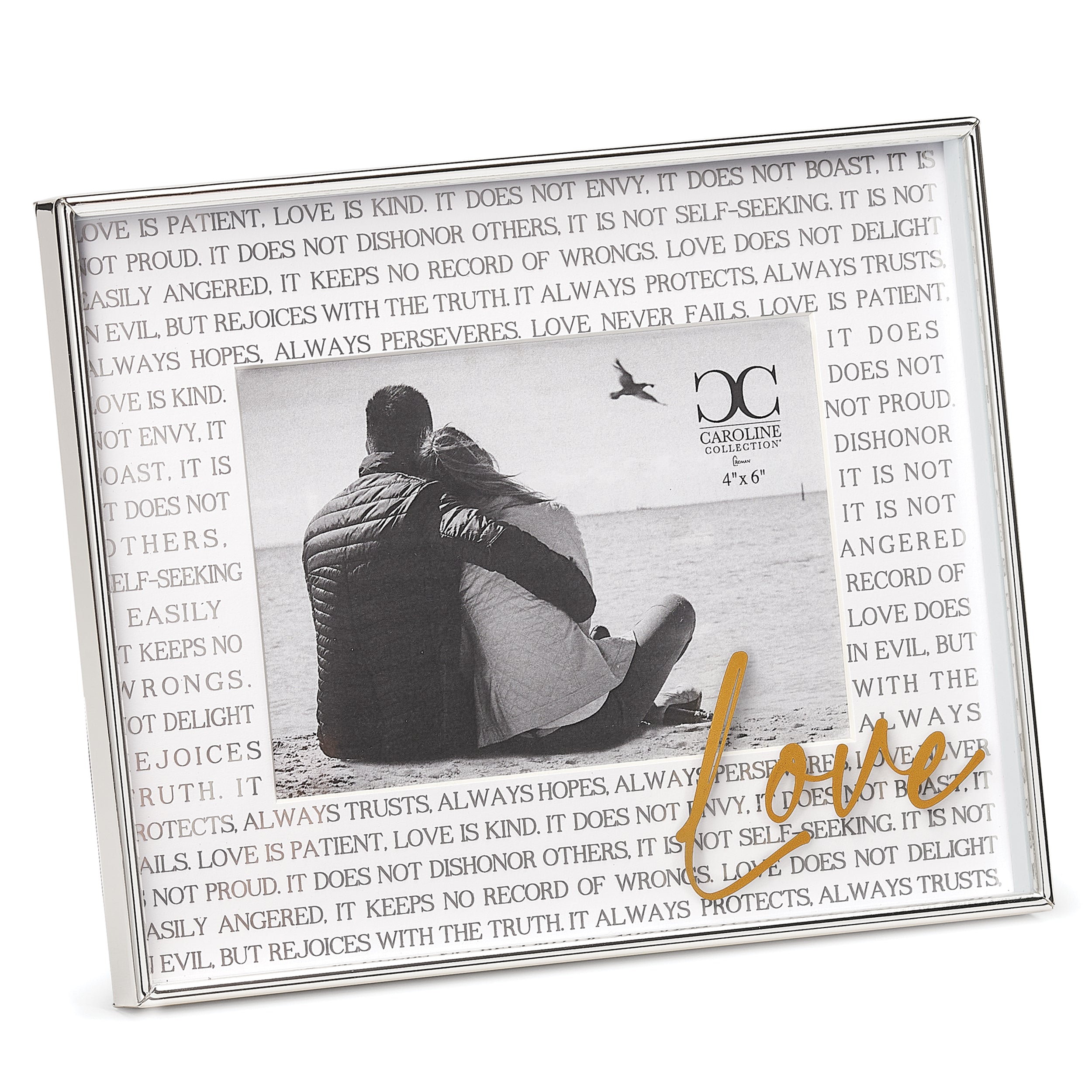 Decorative frame with a couple sitting together, text, and a brand logo.