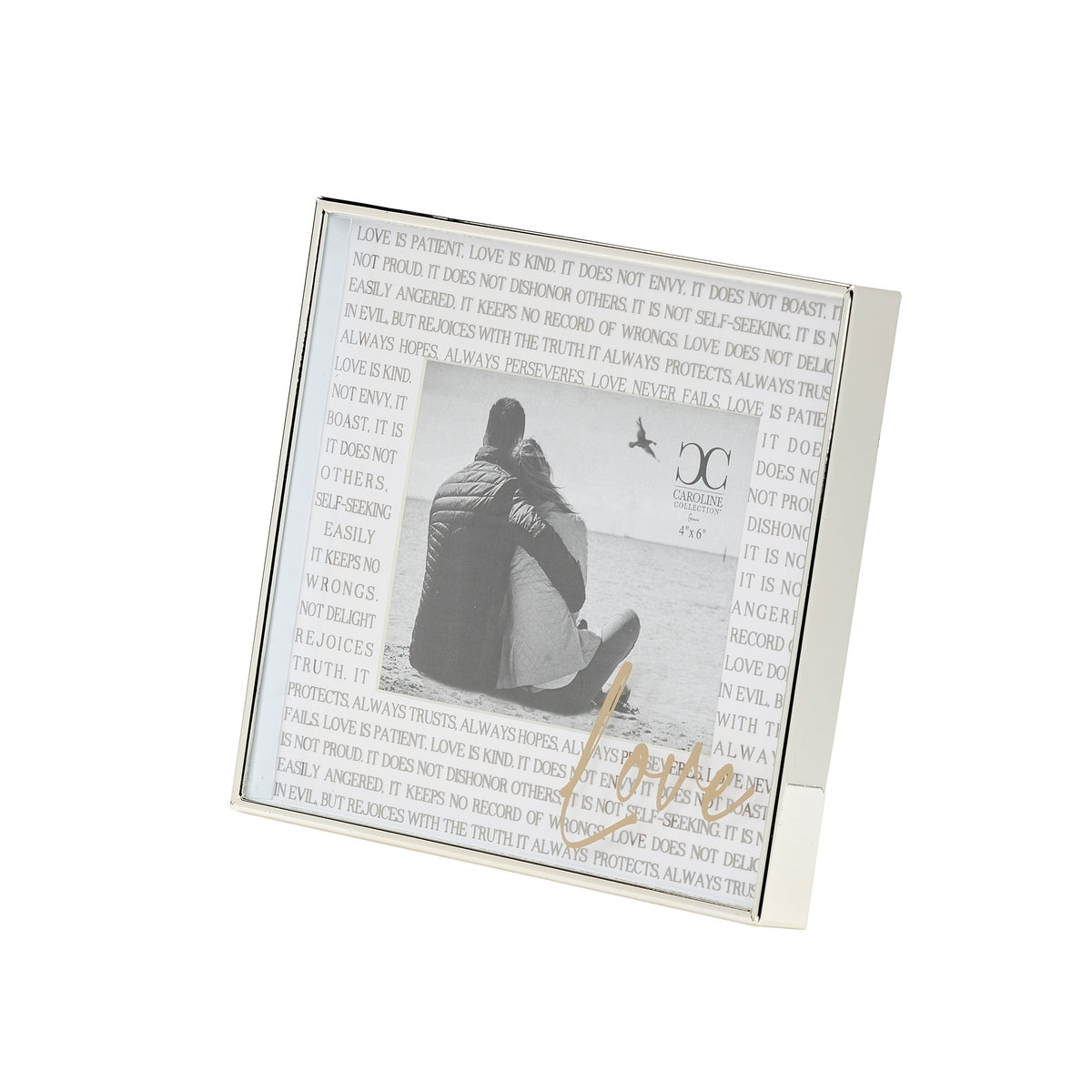 Angled view of First Corinthians Love Picture Frame with scripture design and photo opening