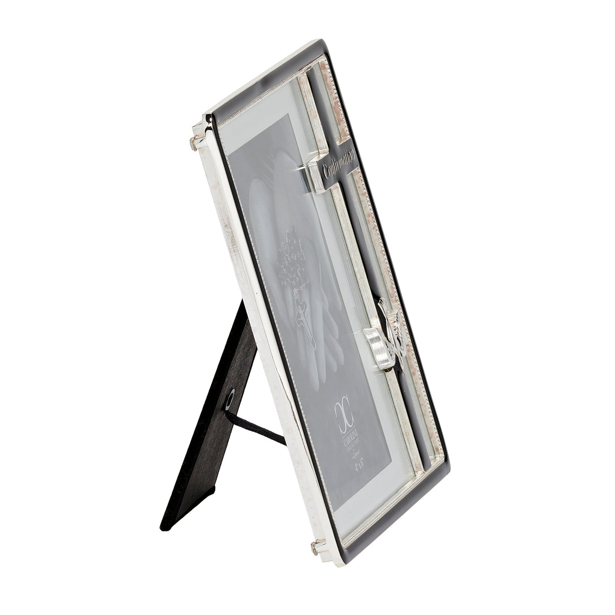 Side view of Caroline Collection Confirmation picture frame showing the slim frame profile and open easel stand