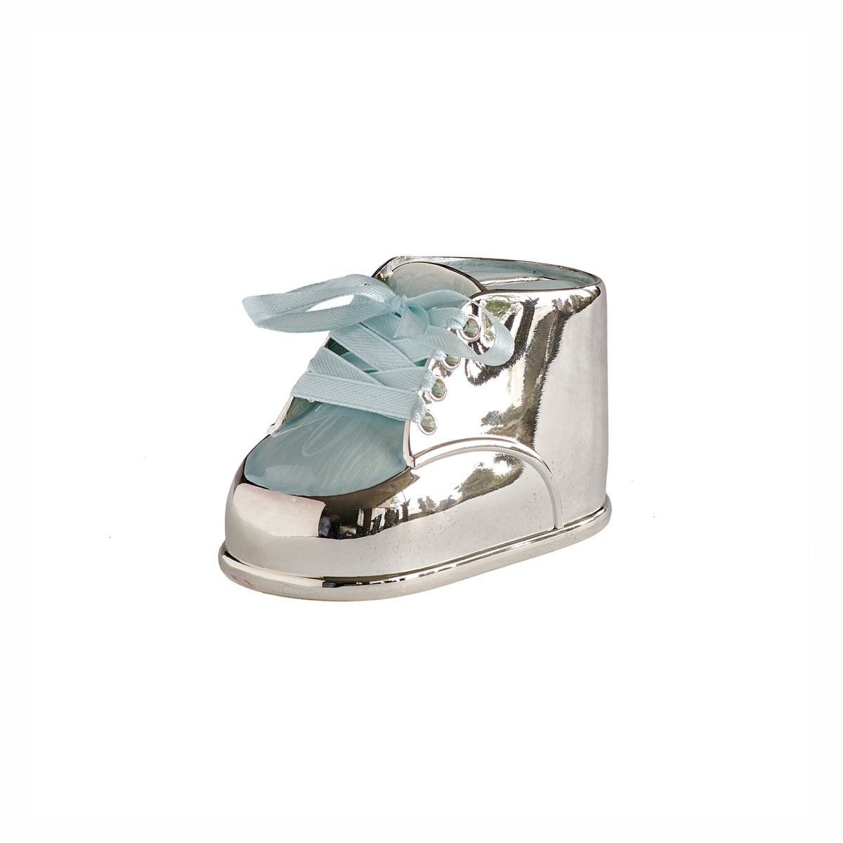 Front angled view of blue Baby Shoe Coin Bank showing the baby blue ribbon, polished silver-tone trim, and decorative cross detail