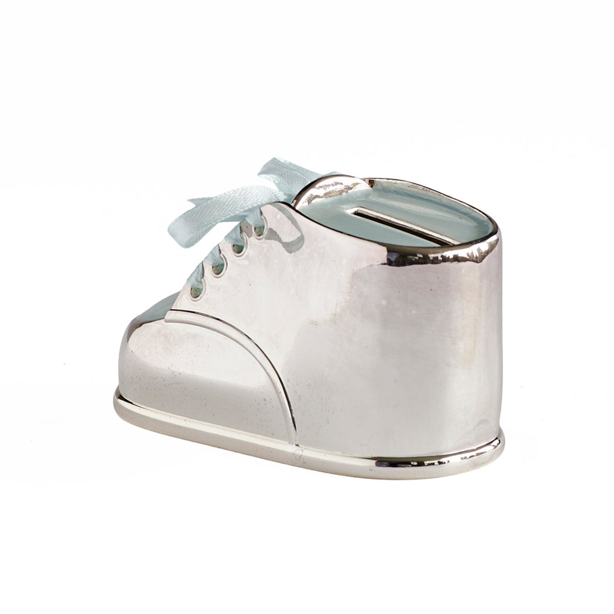 Rear view of blue Baby Shoe Coin Bank showing the silver-tone heel, pale blue accents, and compact shoe-shaped design