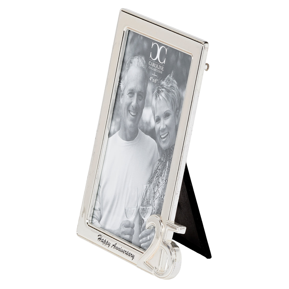 Side view of 25th anniversary frame showing its slim silver-toned border and extended black easel stand.
