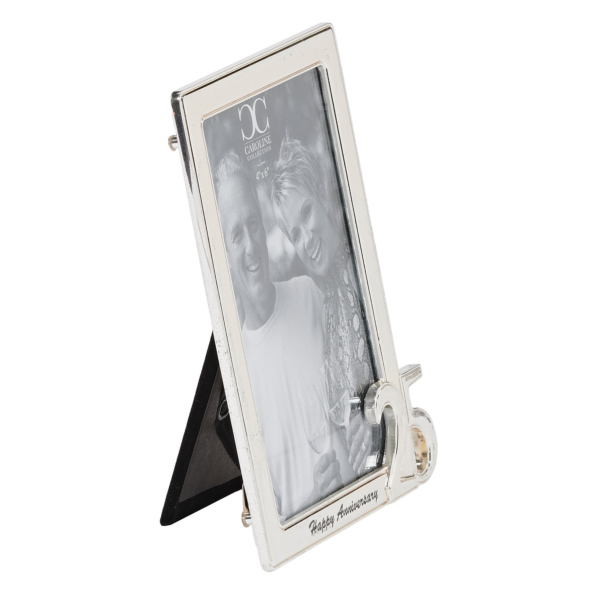 Angled front view of anniversary frame showing the raised “25” emblem, silver-toned trim, and inscription.