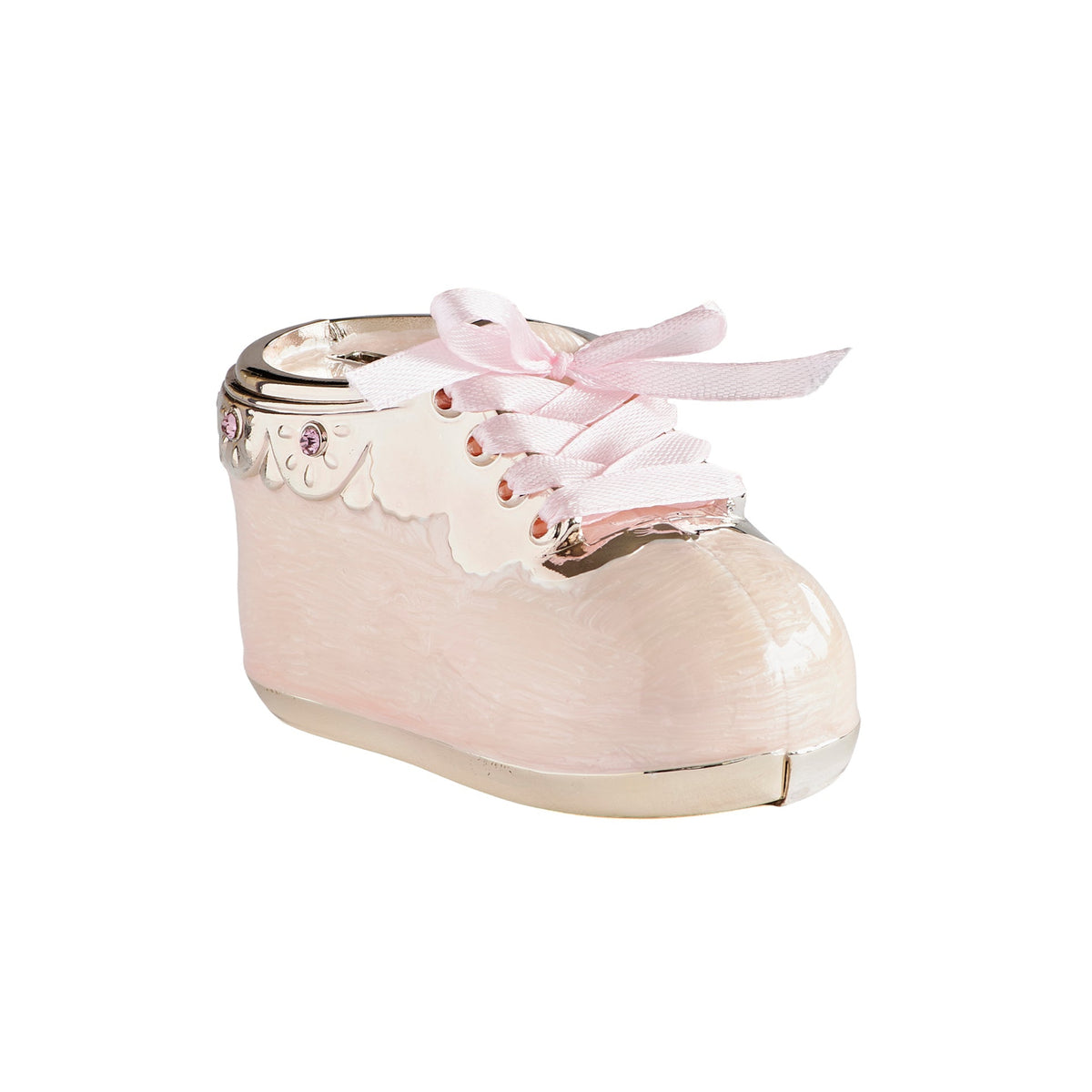 Opposite angled view of pink Baby Shoe Coin Bank showing the rounded shoe shape, satin bow, and silver-tone detailing