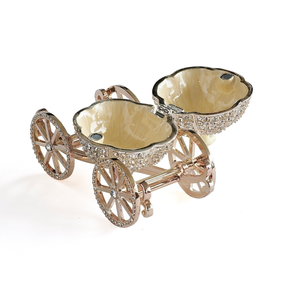 Open angled view of Caroline Collection Jeweled Carriage Keepsake showing the hinged lid and rosary stored inside the carriage