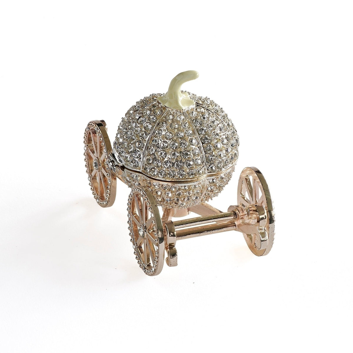 Rear angled view of Caroline Collection Jeweled Carriage Keepsake highlighting the ornate metalwork, crystal accents, and rolling wheel design