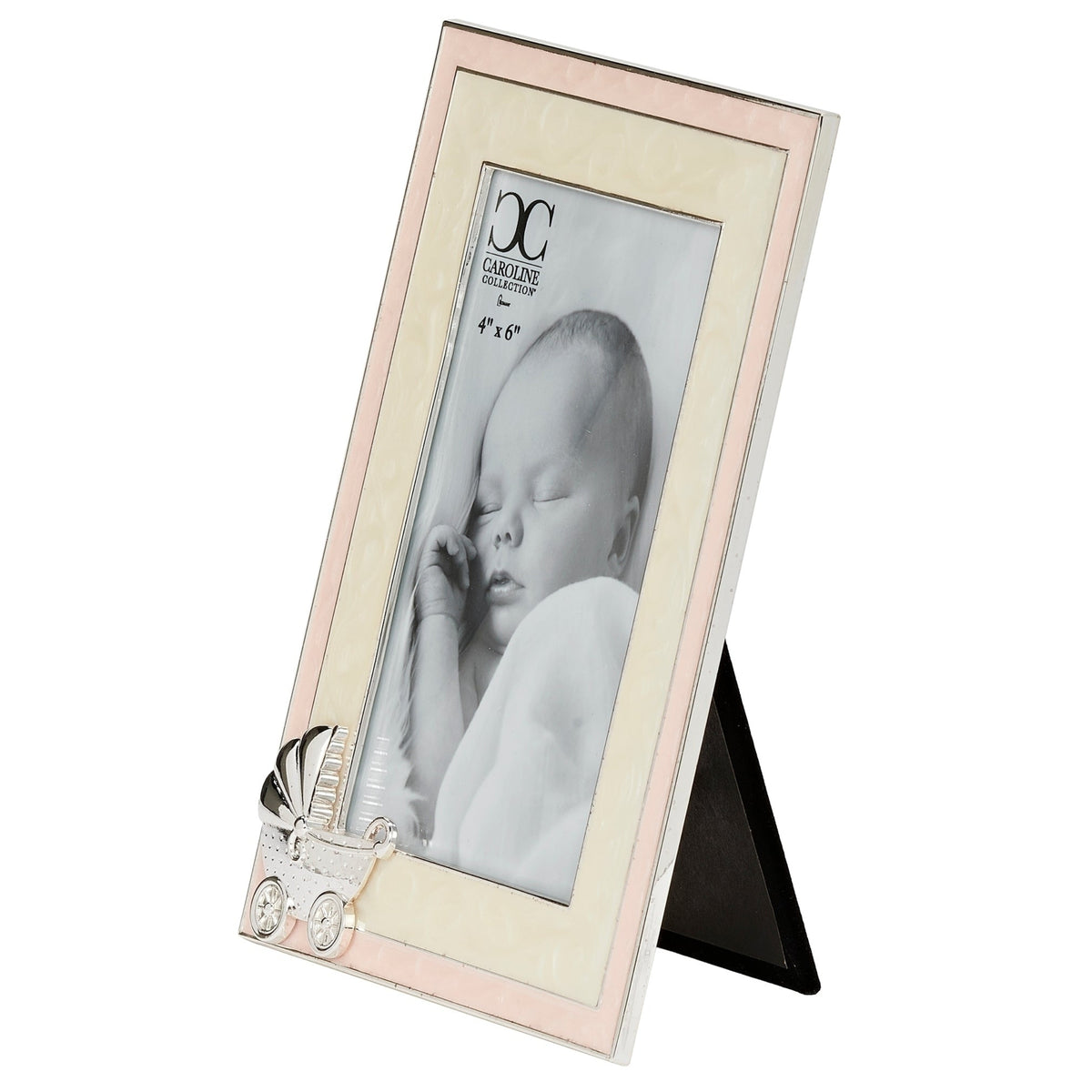 Front angled view of pink Caroline Collection Baby Carriage Picture Frame showing the pearlescent border, silver-tone carriage detail, and tabletop easel stand