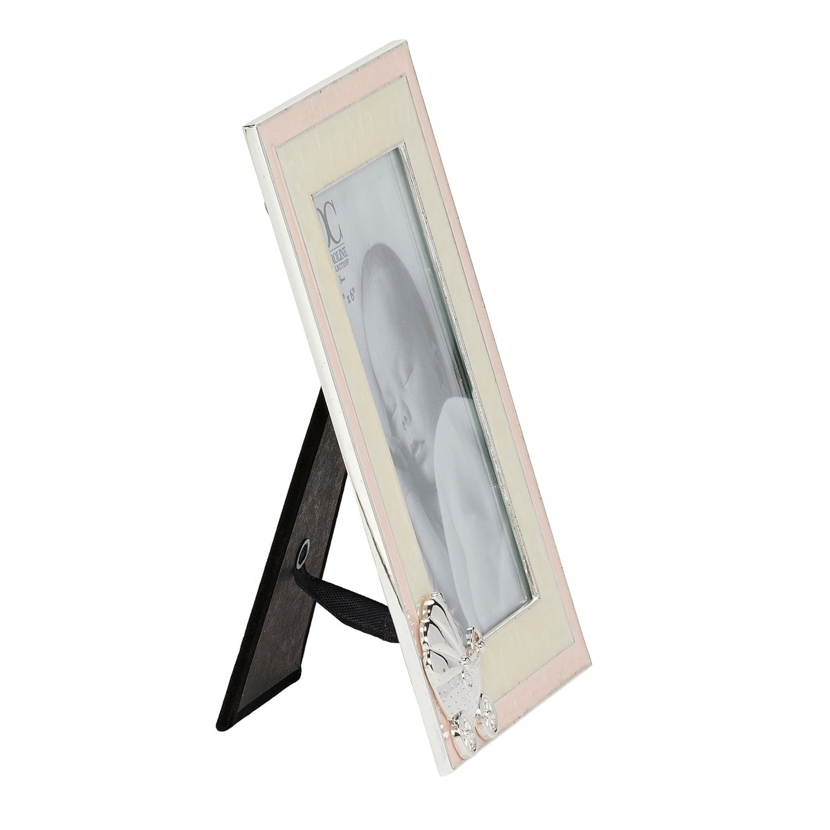 Side view of pink Caroline Collection Baby Carriage Picture Frame showing the slim frame profile and open black easel stand