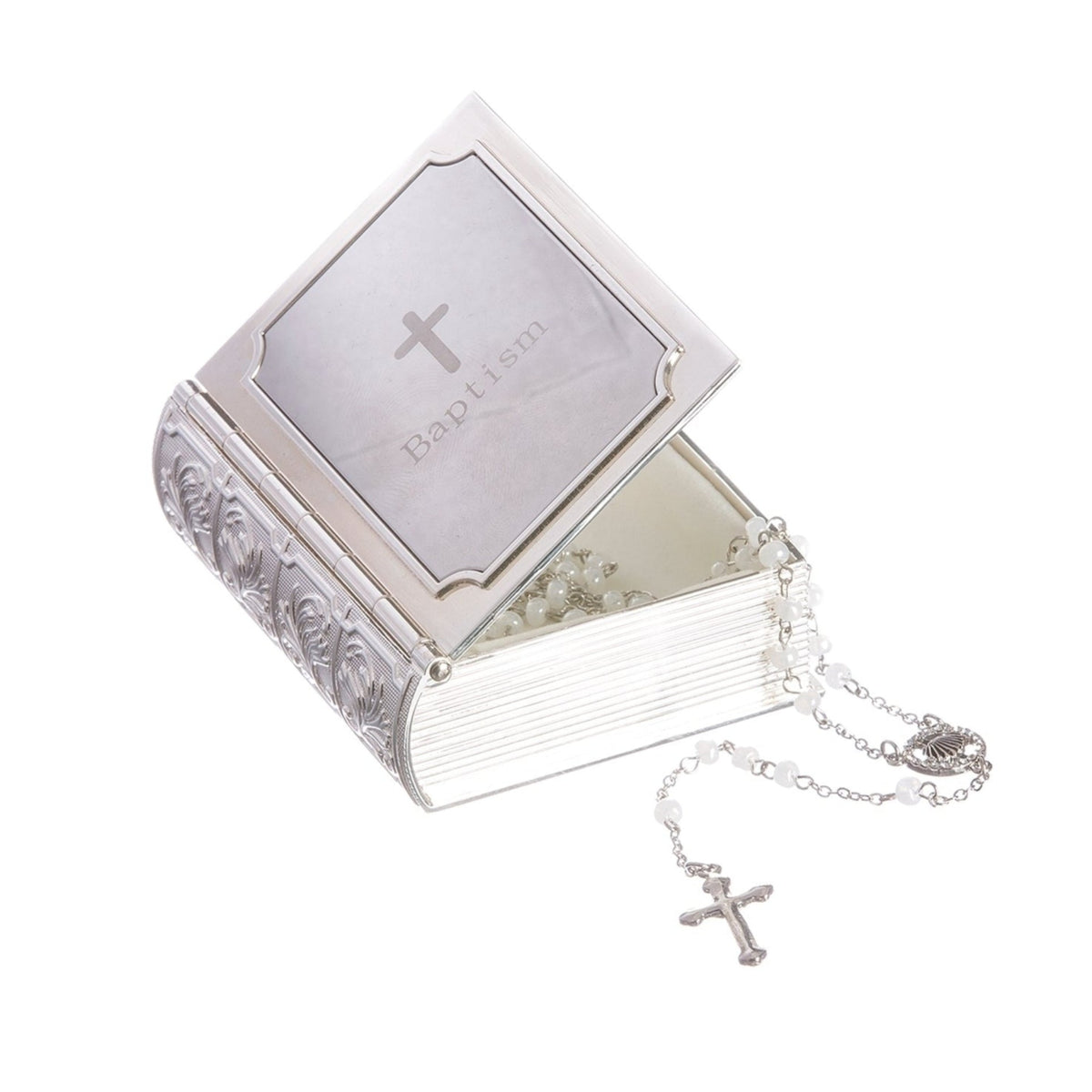 Open Caroline Collection Baptism Bible Keepsake Box showing the interior storage compartment with a rosary and crucifix displayed beside the hinged lid