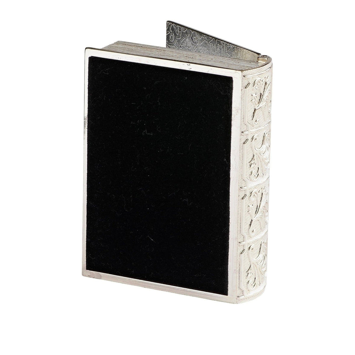 Back view of Caroline Collection Baptism Bible Keepsake Box showing the dark backing and decorative silver-tone book edges