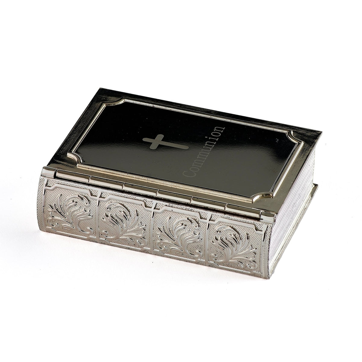 Alternate closed view of Caroline Collection First Communion Bible Keepsake Box highlighting the decorative spine and raised cover design