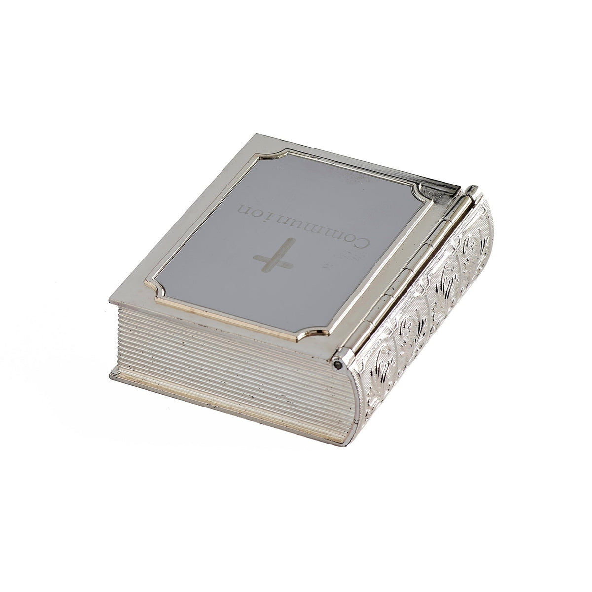 Closed angled view of Caroline Collection First Communion Bible Keepsake Box showing the silver-tone cover and compact book-shaped design